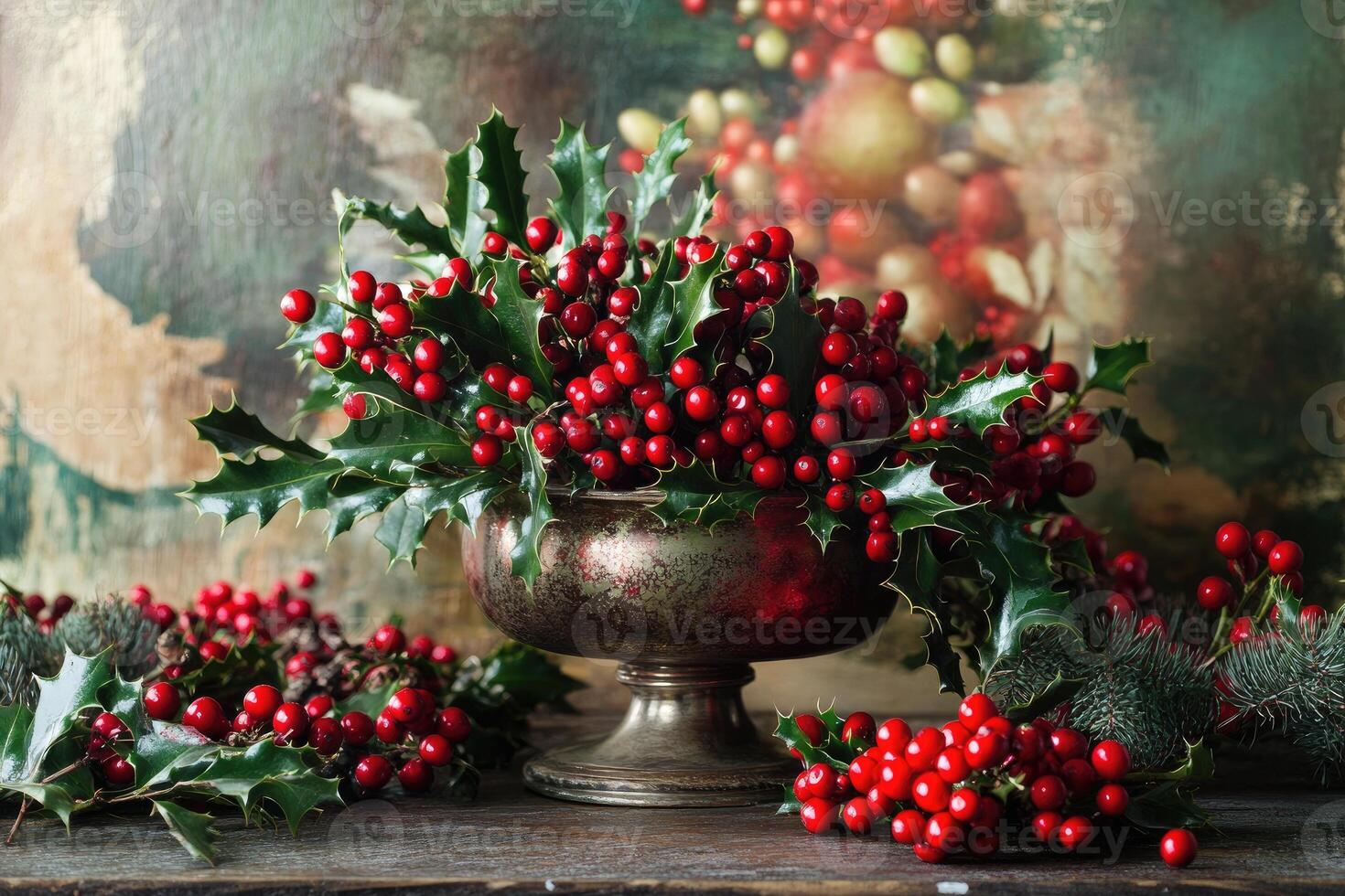 Holly Berries and Sprigs in a Silver Vase on a Wooden Surface photo