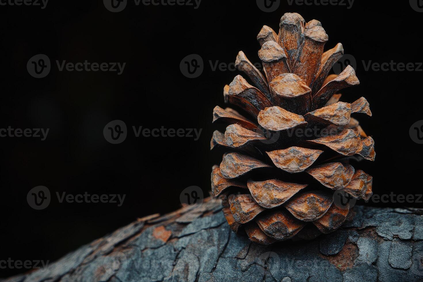 A Close-up of a Brown Pine Cone Resting on Bark photo