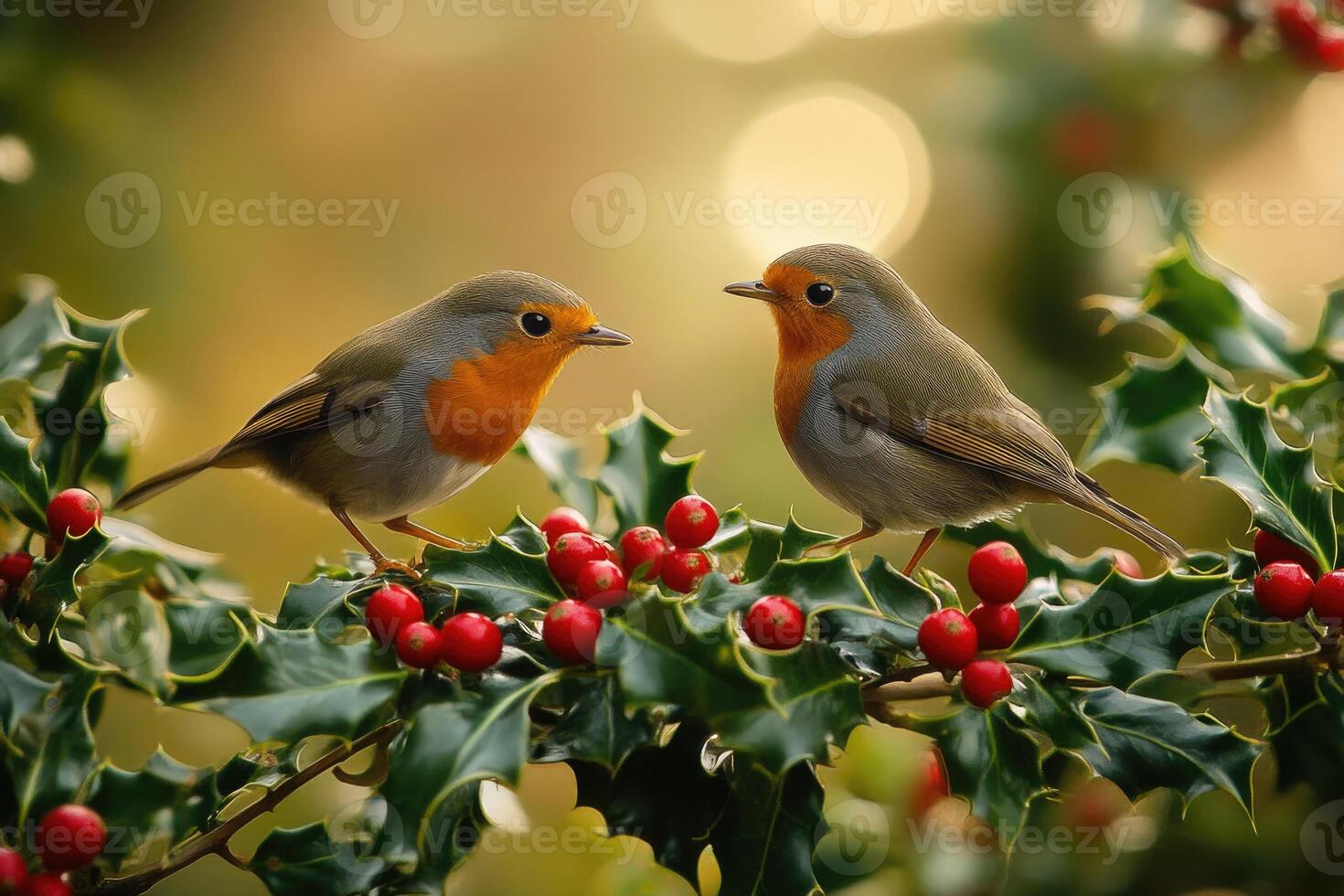 Two European Robins Perched on a Holly Branch with Red Berries photo