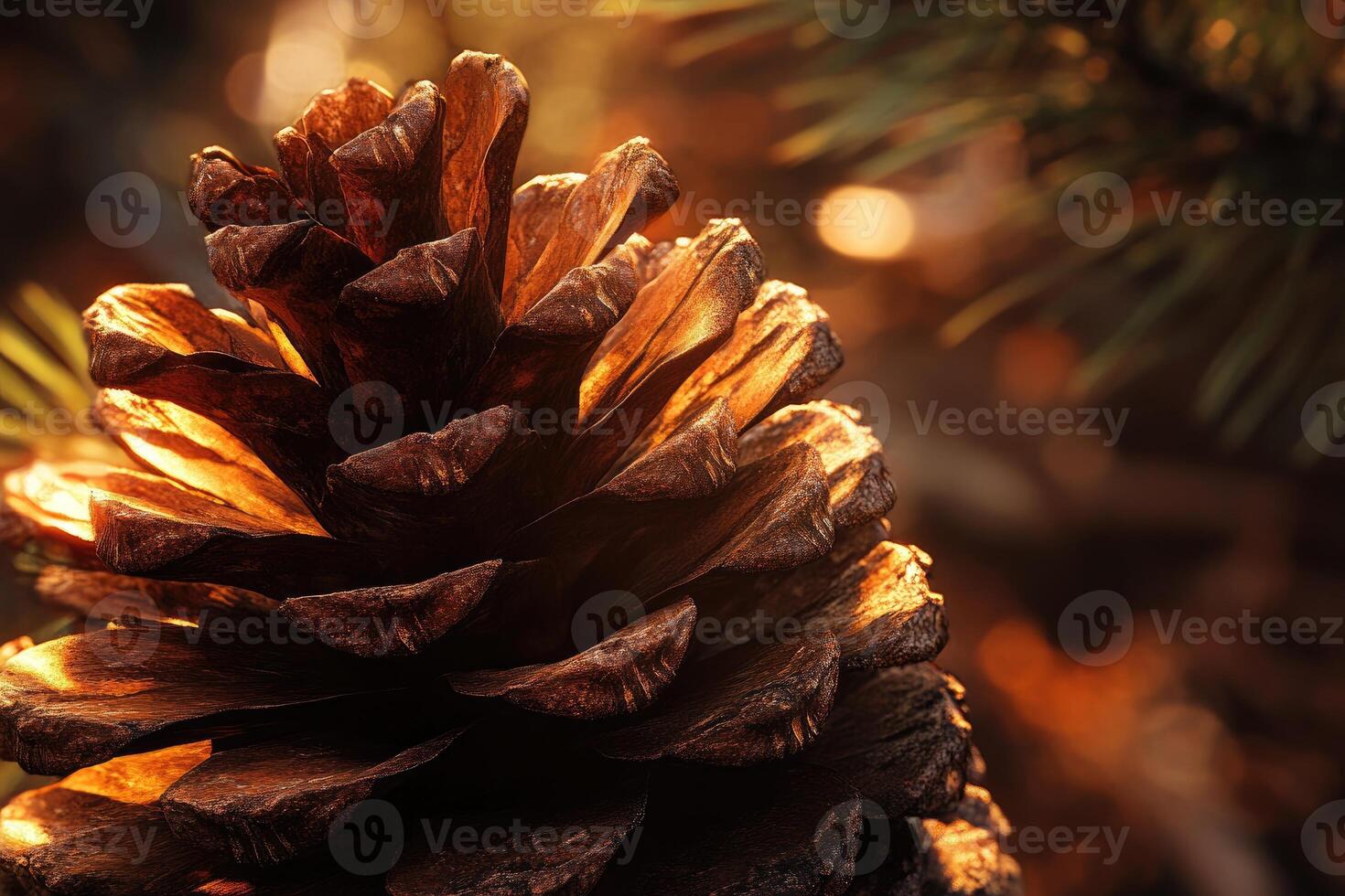 A Close-Up of a Brown Pine Cone with Warm Lighting photo