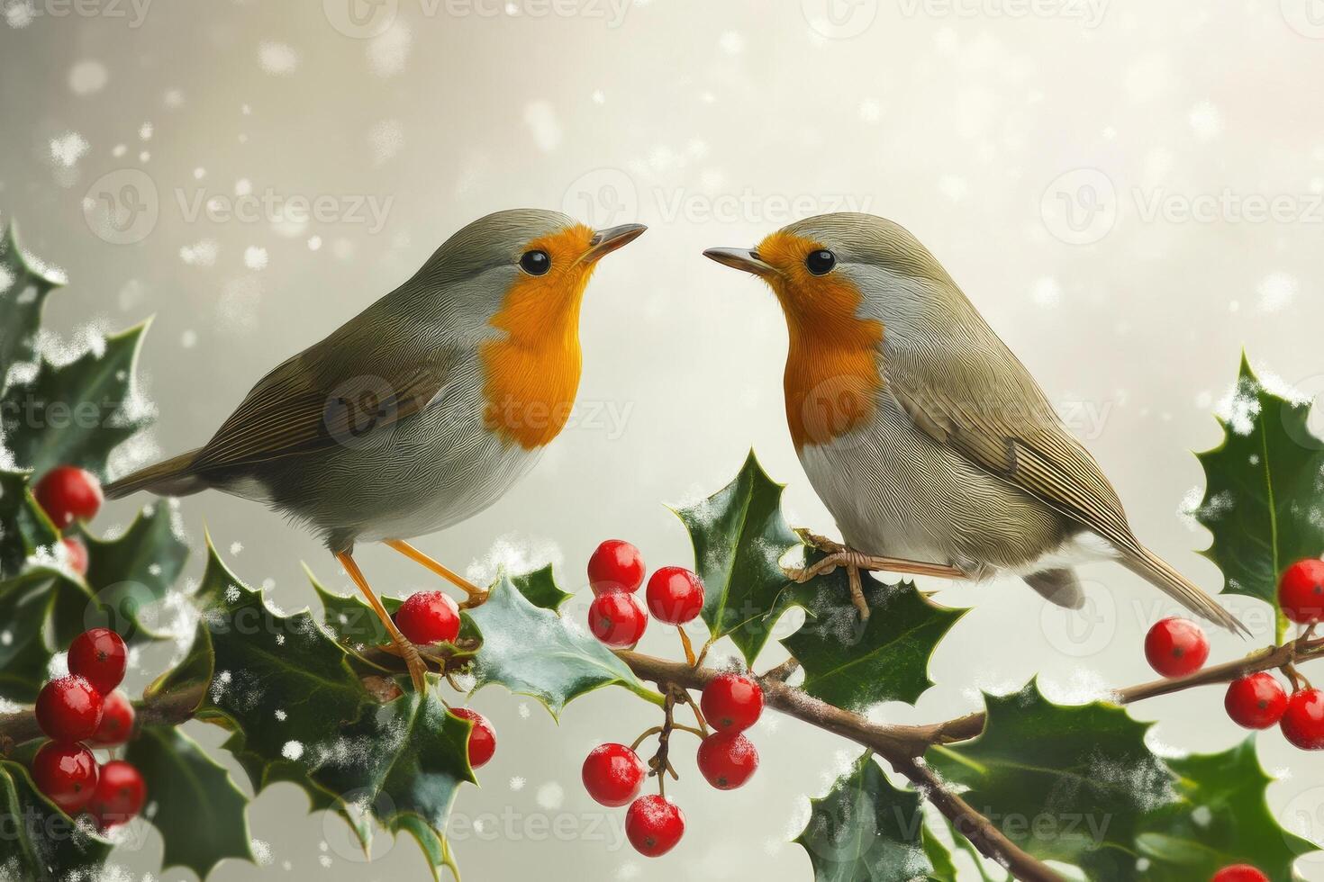 Two robins perched on a holly branch with red berries in a snowy setting photo