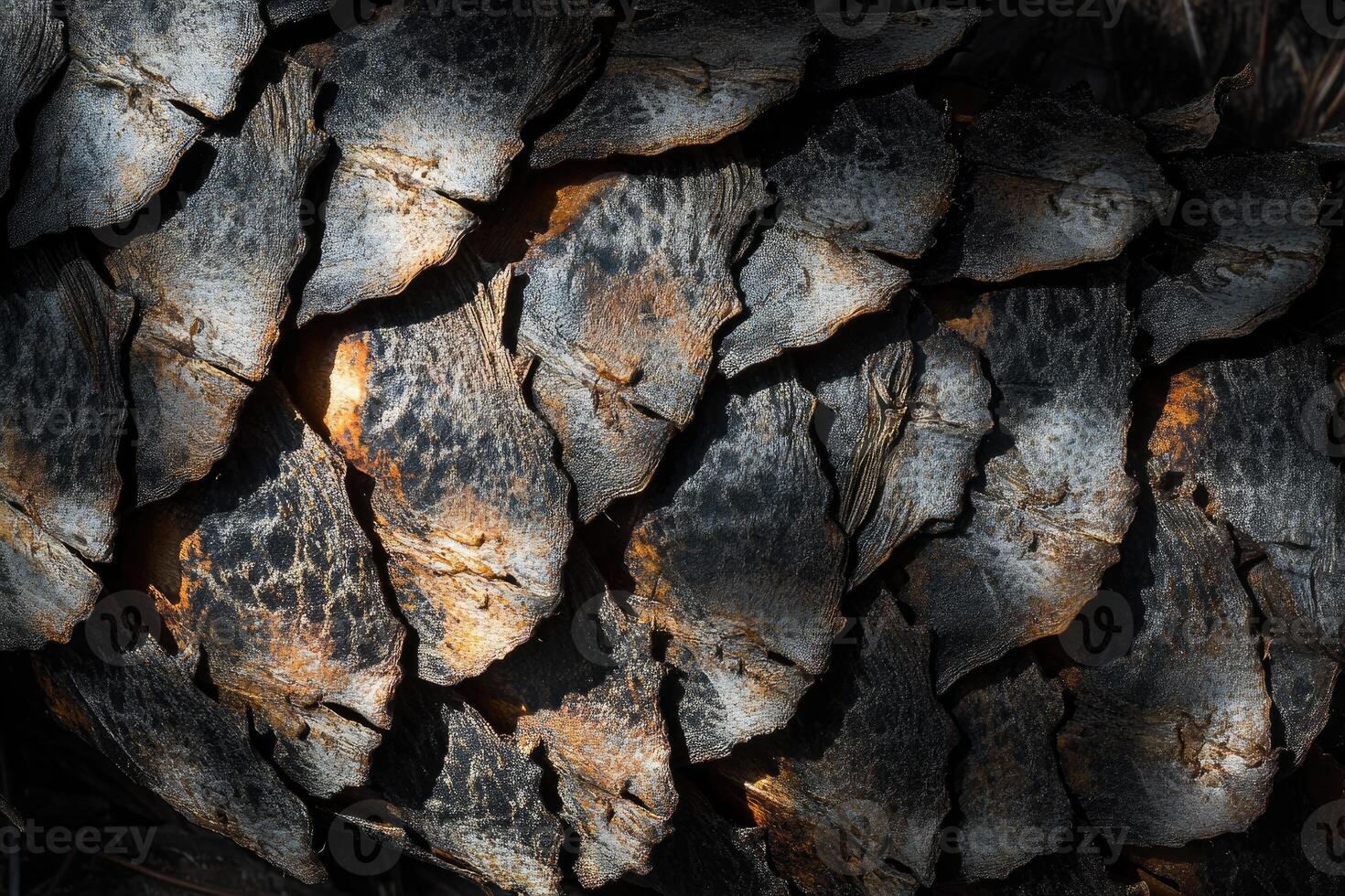 Close-up of the textured, overlapping scales of a pine cone photo