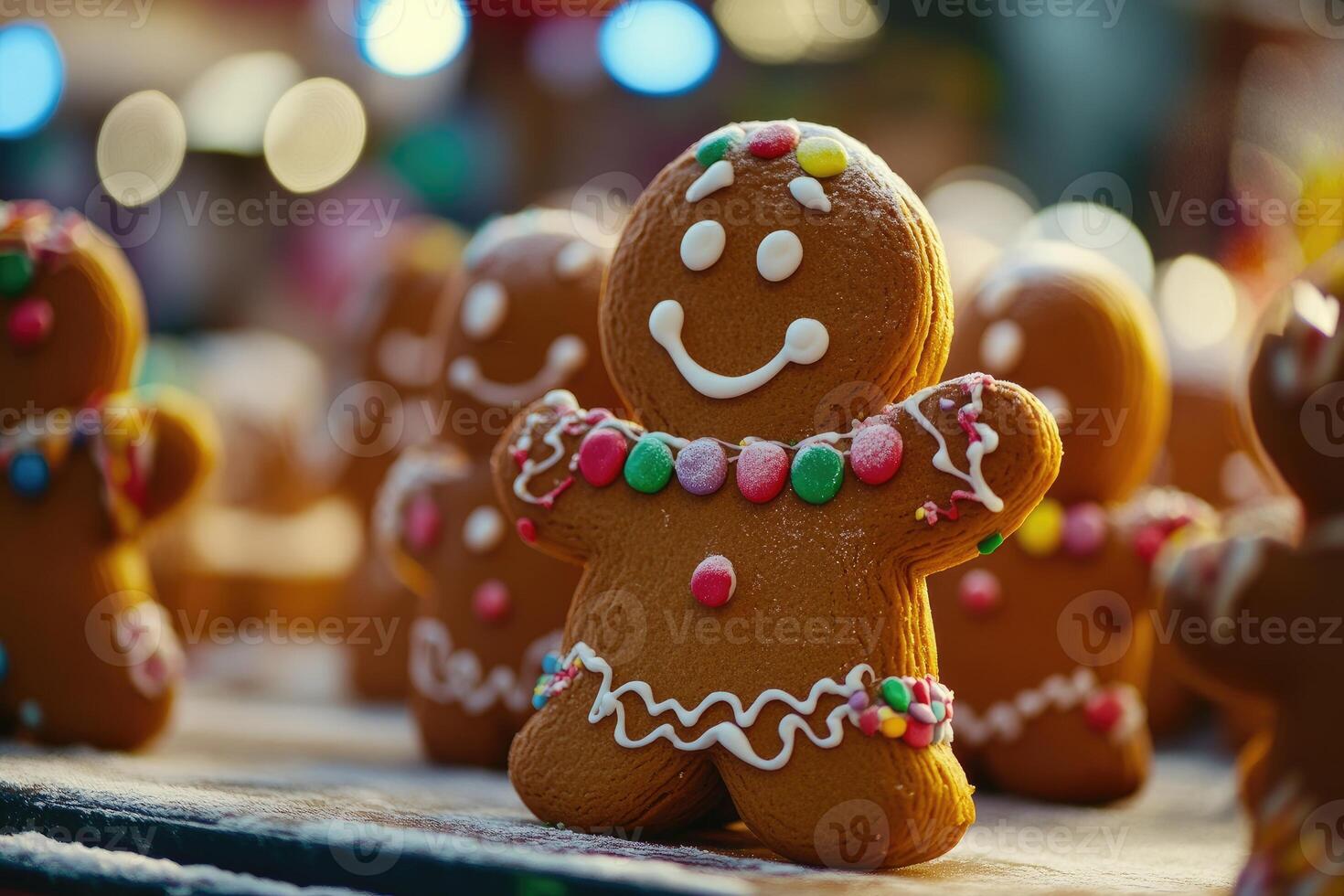 Decorated Gingerbread Man Cookie with Smiling Face and Candy Decorations photo