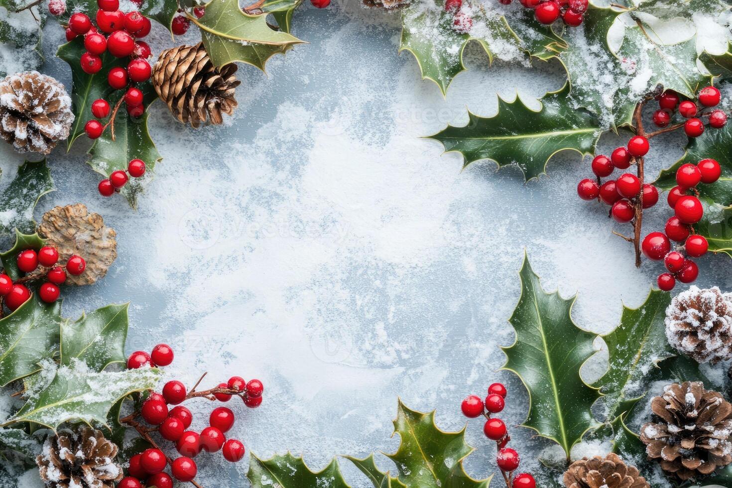 Snowy Holly Berries and Pine Cones on a Blue Background photo