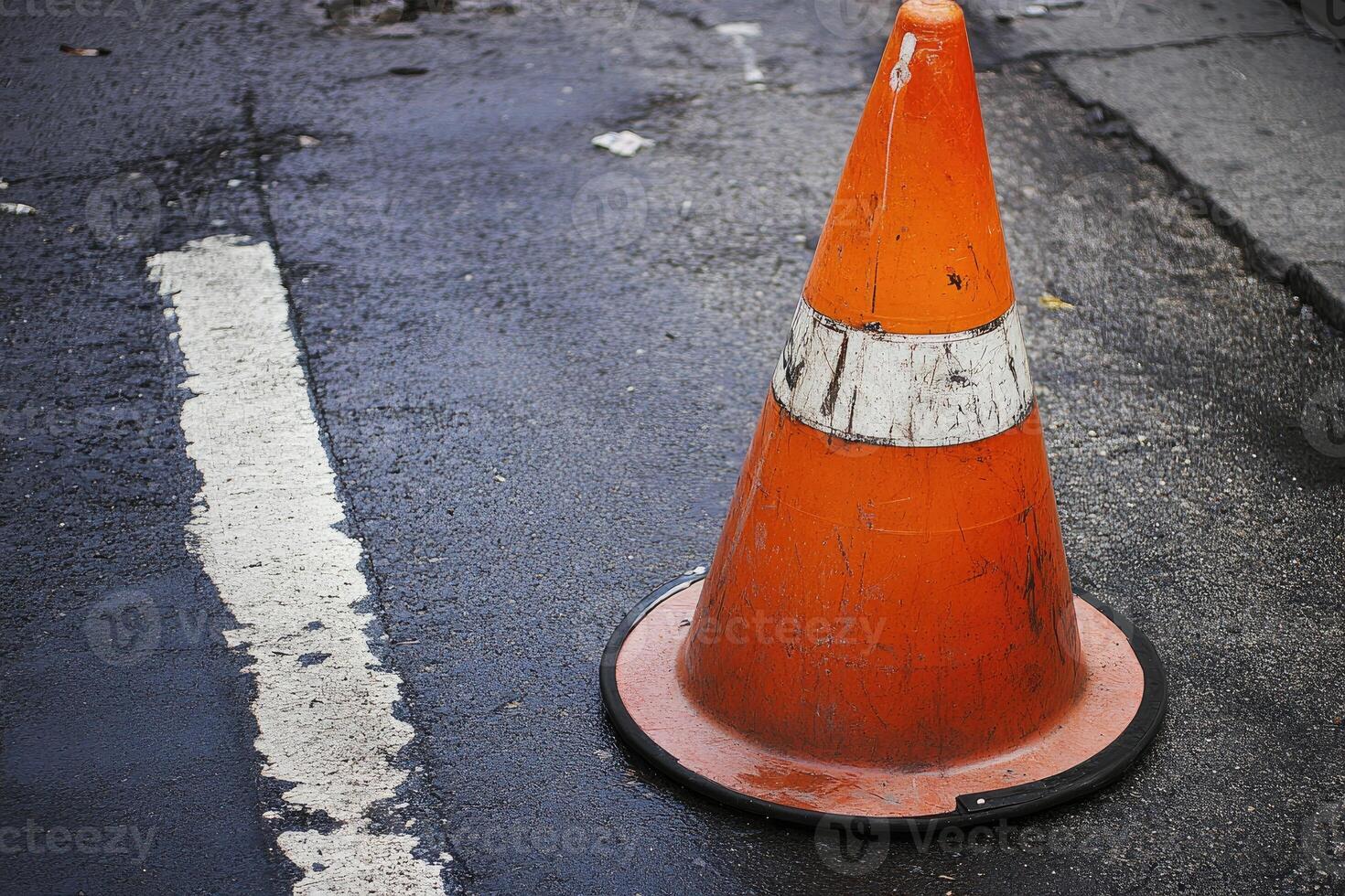 An orange traffic cone sits on a wet asphalt road. photo