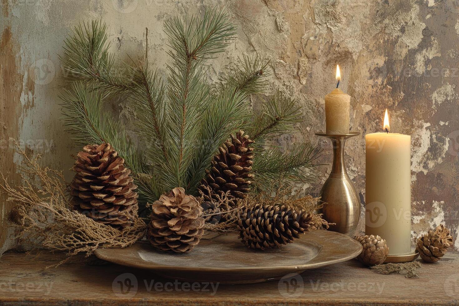 Pine Cones, Candles, and Rustic Accents on a Wooden Surface photo