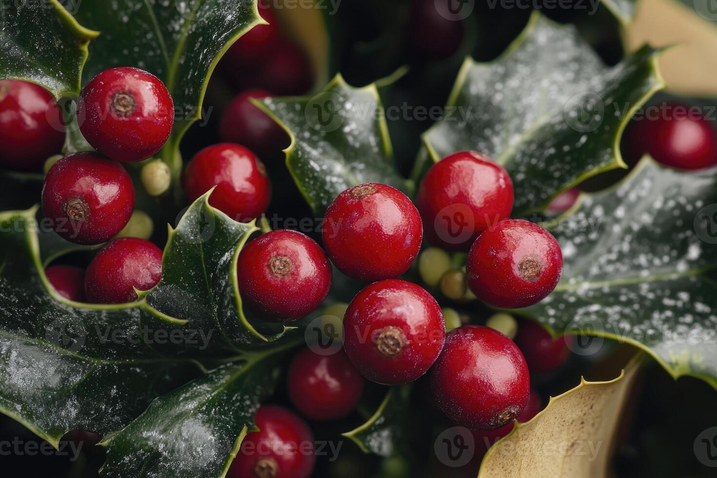 Close-up of Red Holly Berries on a Green Sprig photo