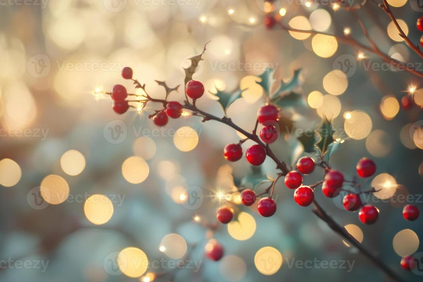 Red Berries on a Branch with Bokeh Lights photo