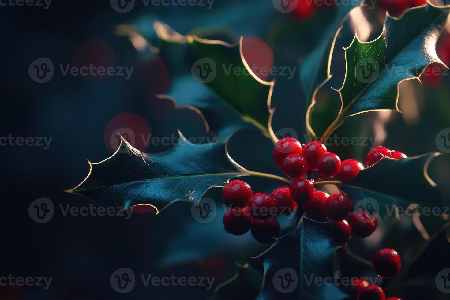 Close-up of Red Holly Berries and Green Leaves photo