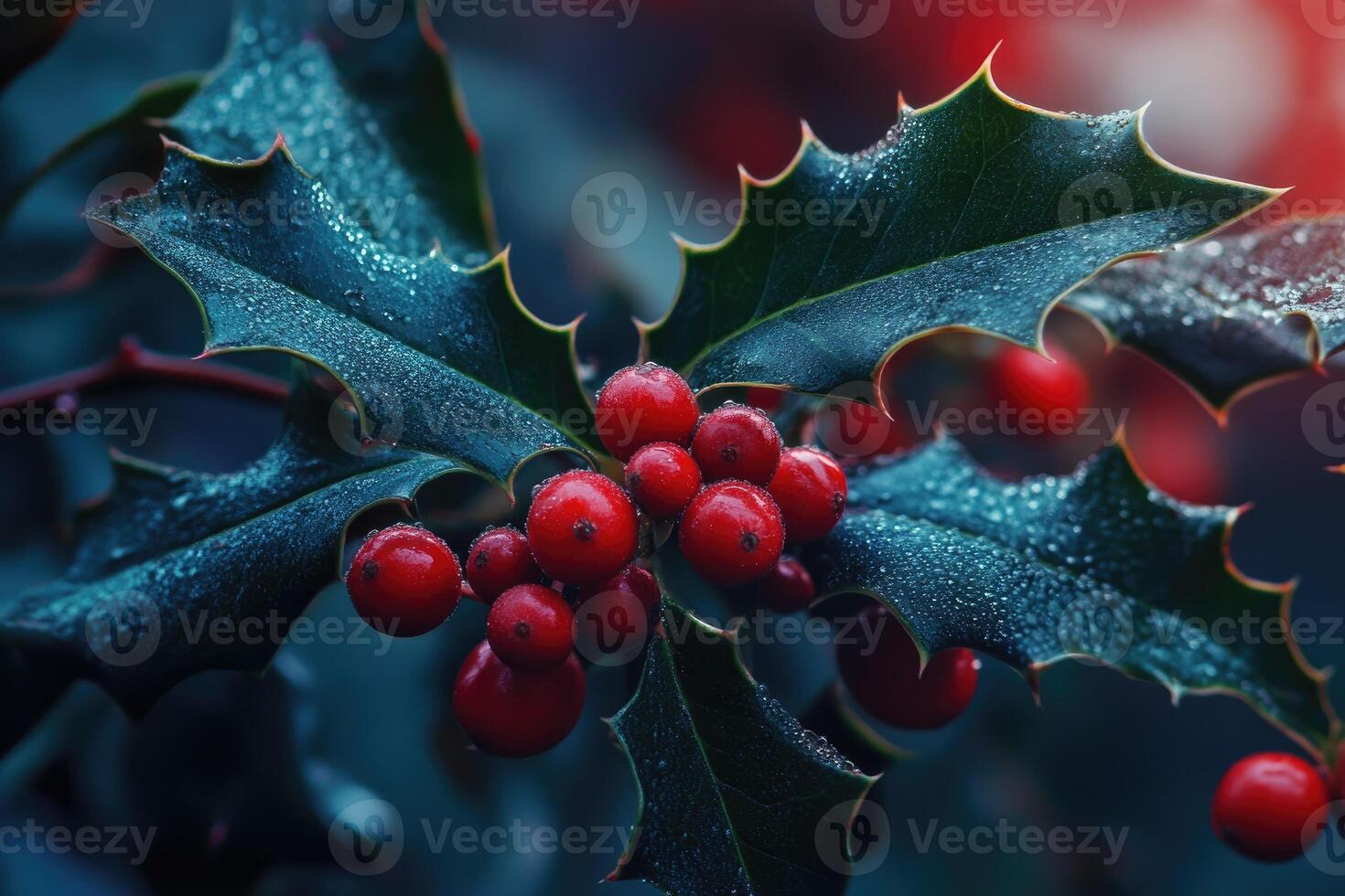 Close-up of Red Berries and Dew-Covered Holly Leaves photo