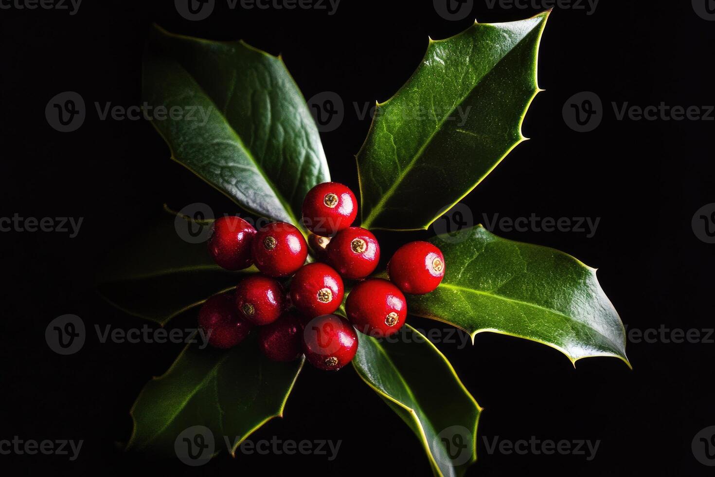 A Cluster of Holly Berries with Green Leaves Against a Black Background photo