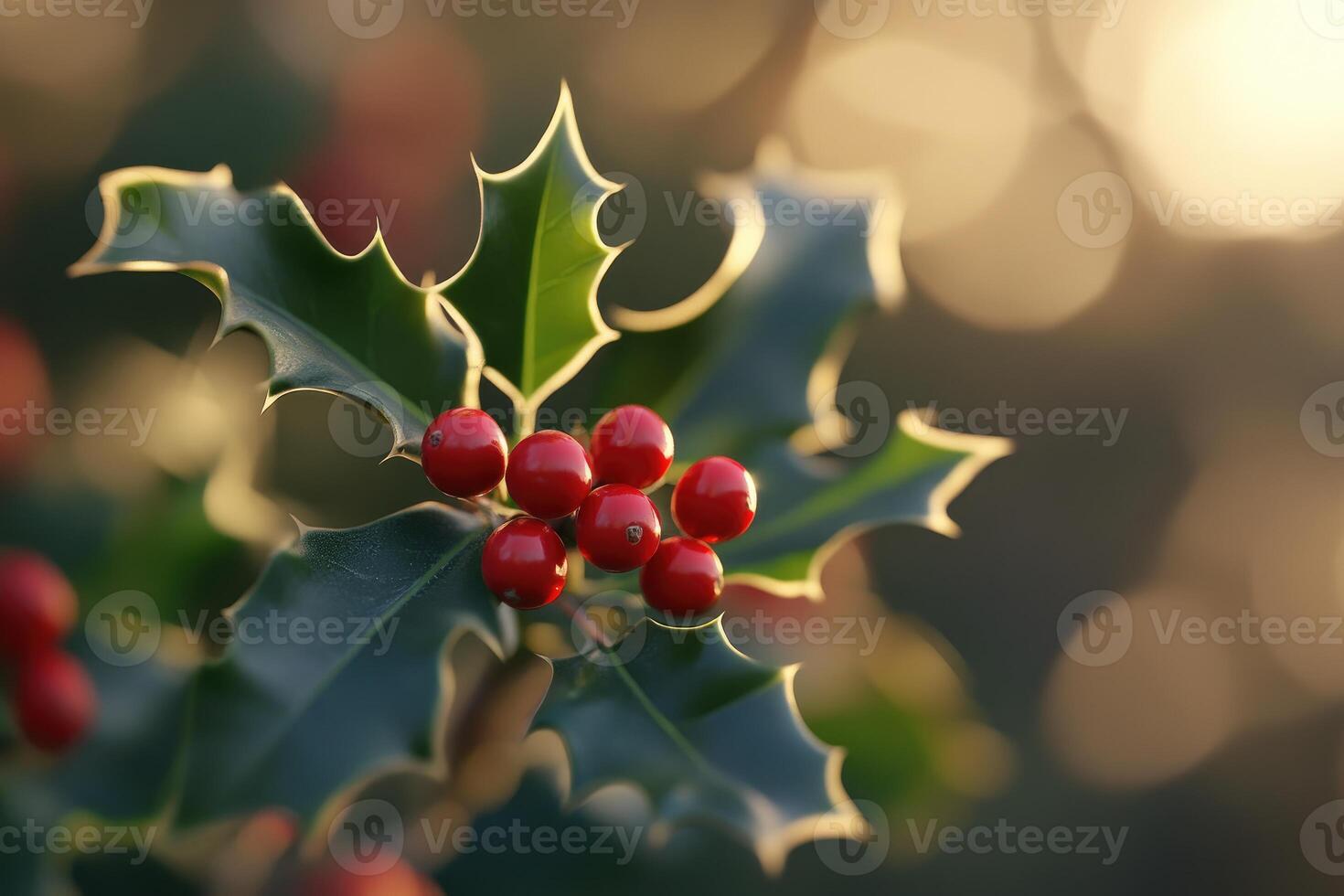 Close-up of Red Holly Berries on a Sprig with Spiky Green Leaves photo