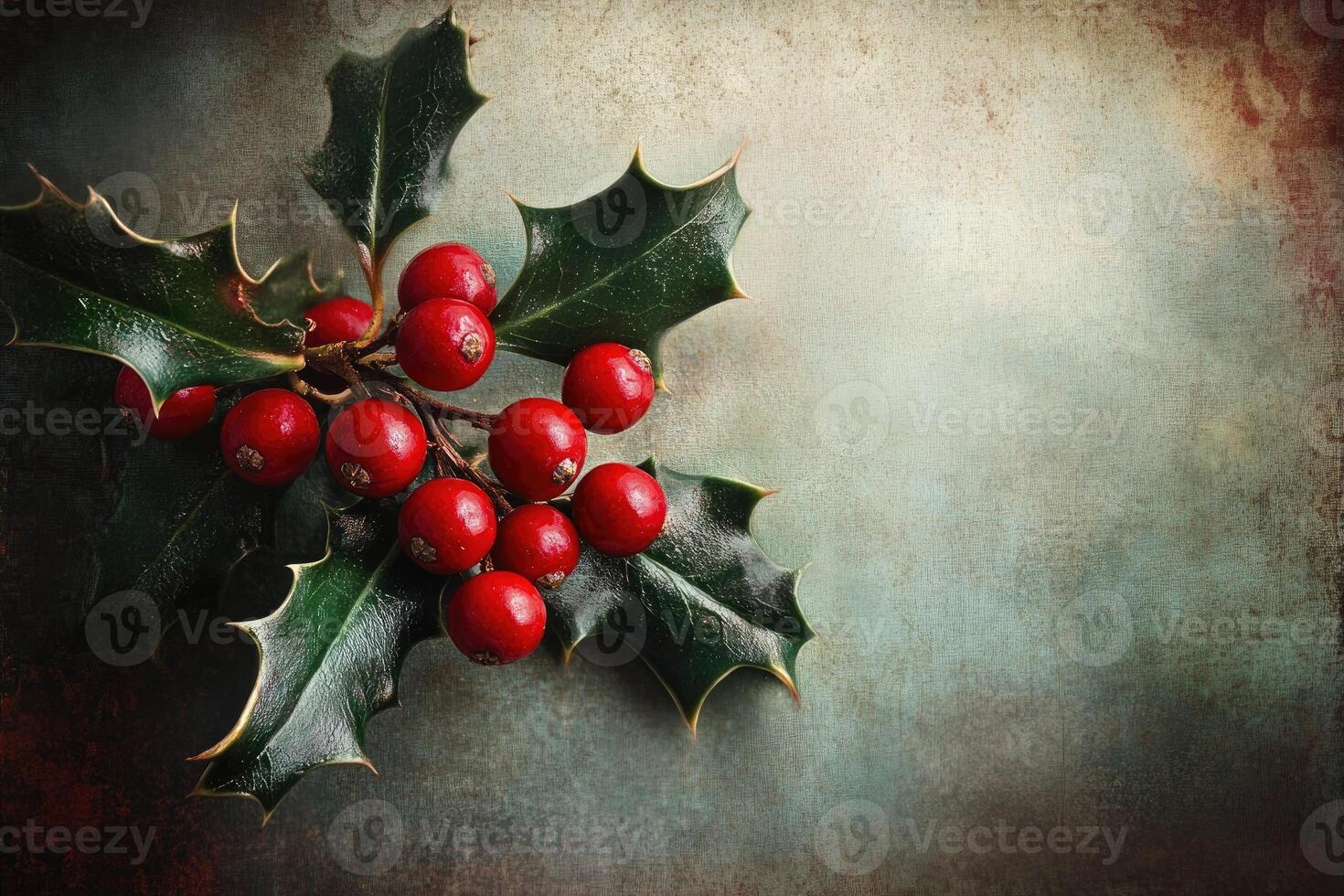 Sprig of Holly with Red Berries on a Textured Background photo