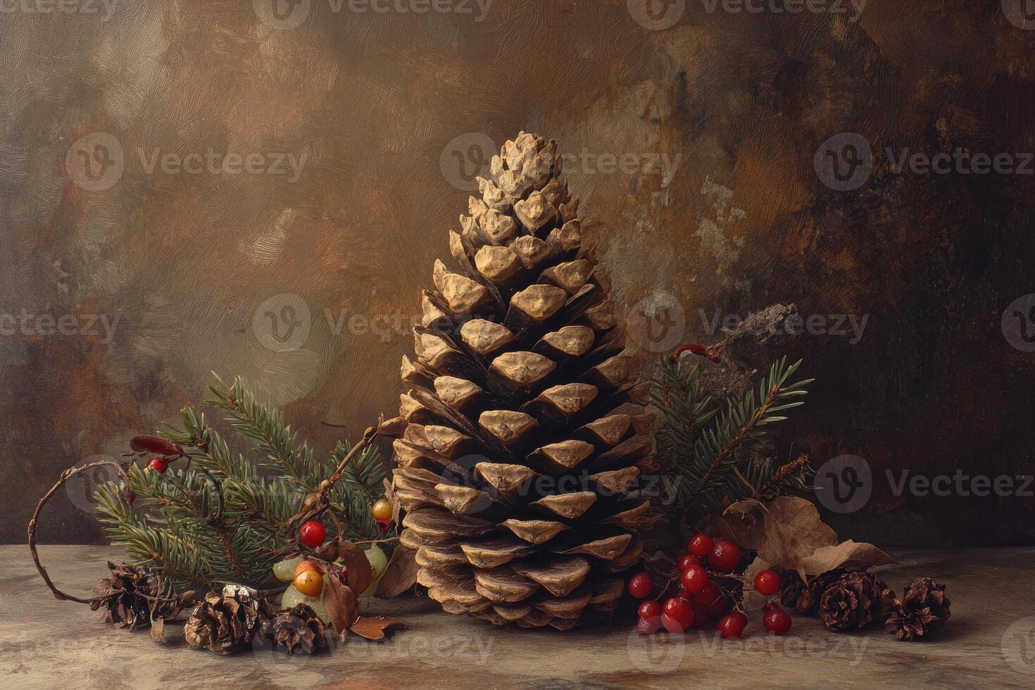A Large Pine Cone Surrounded by Smaller Cones, Green Twigs, and Red Berries photo