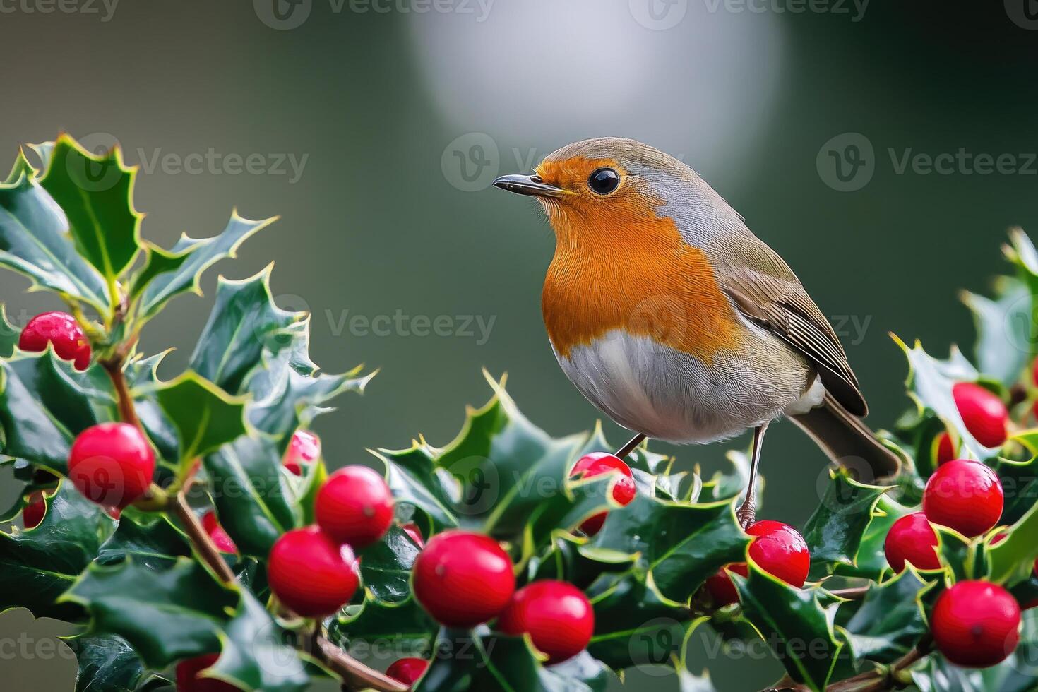 European Robin Perched on a Branch of Holly with Red Berries photo