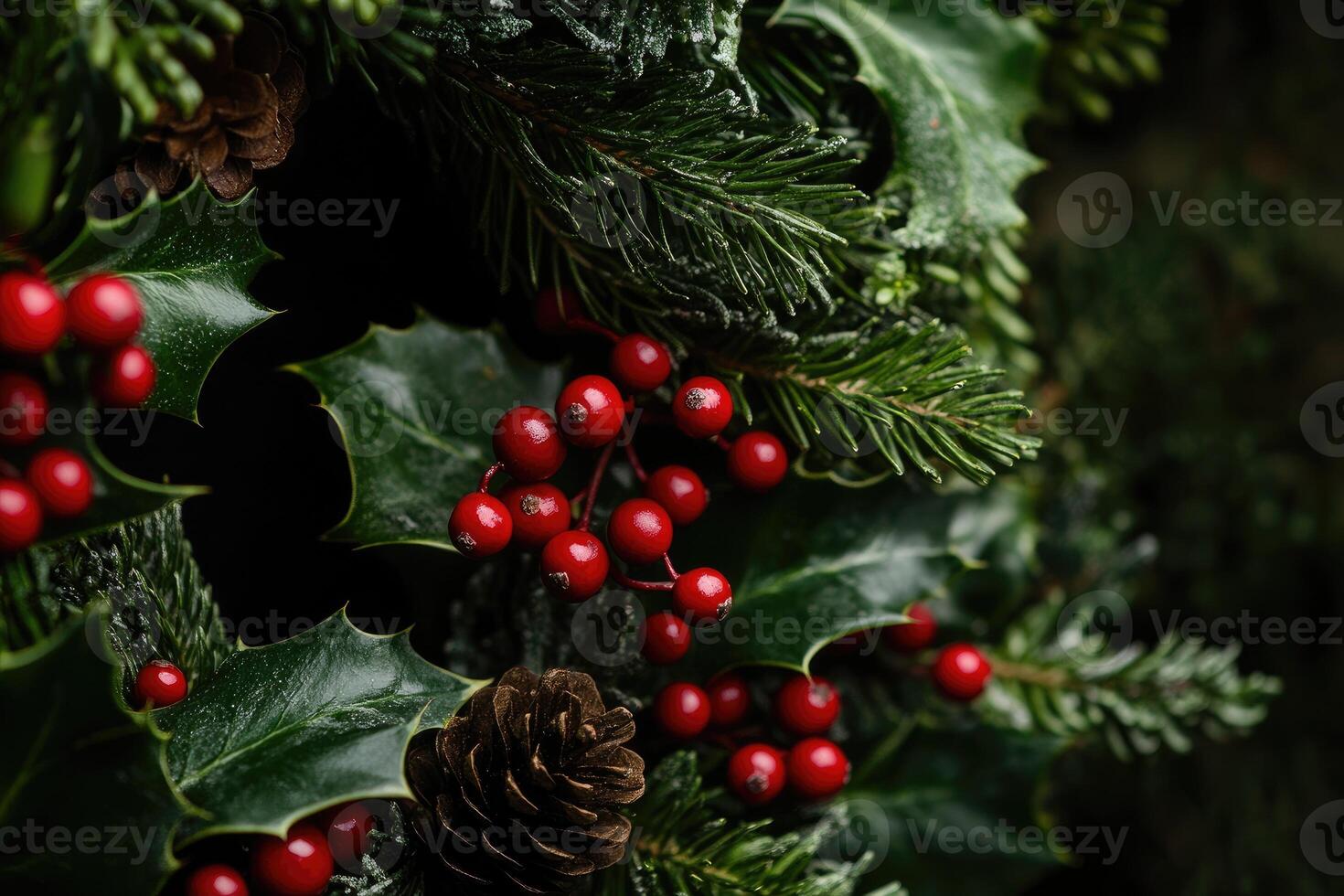 Close-up of Holly Berries, Pine Cones, and Evergreen Branches photo