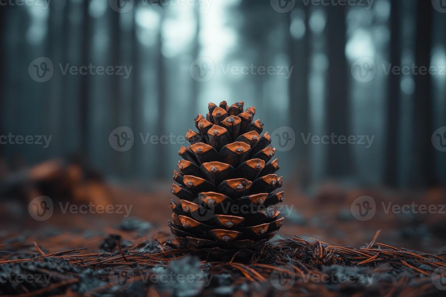 A Single Pine Cone in a Misty Forest photo