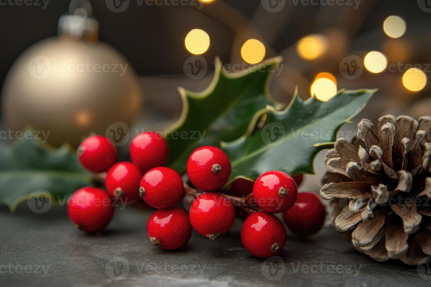 Close-up of Red Berries, Holly Leaves, a Pine Cone, and Out-of-Focus Christmas Ornament photo