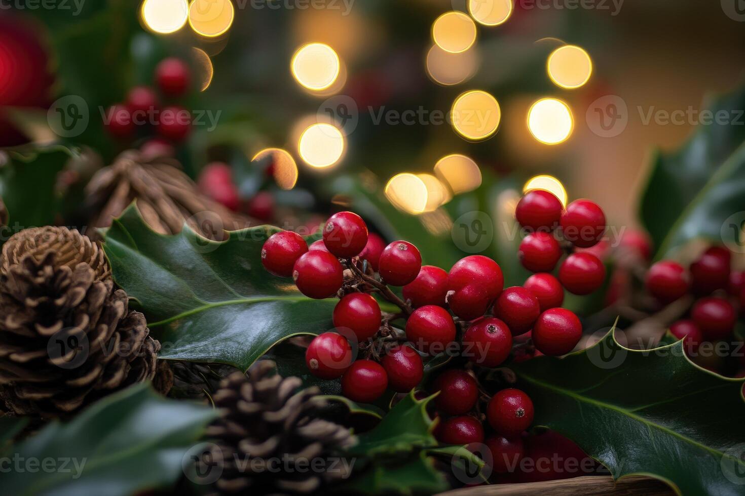 Close-up of Red Berries, Holly Leaves, and Pinecones with Bokeh Lights in the Background photo