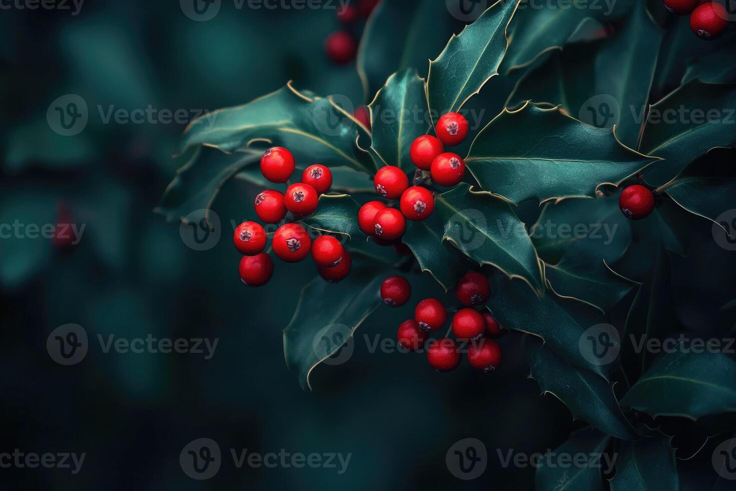 Red Berries on a Sprig of Holly with Green Leaves photo