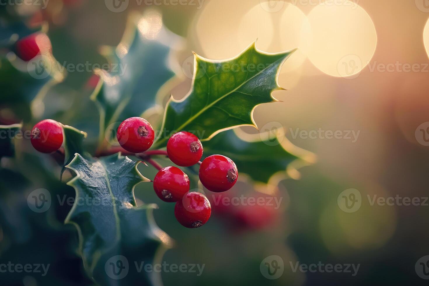 Close-up of Holly Berries and Leaves with a Soft, Golden Background photo