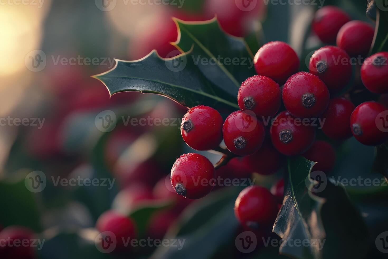 Close-up of Red Holly Berries on a Branch photo