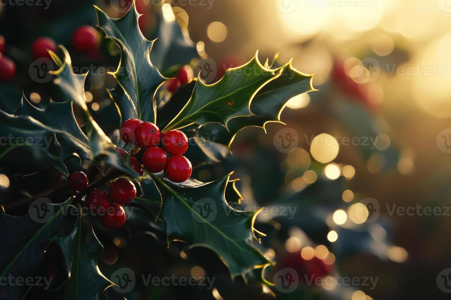 Close-up of Holly Berries and Prickly Leaves with Golden Sunlight photo