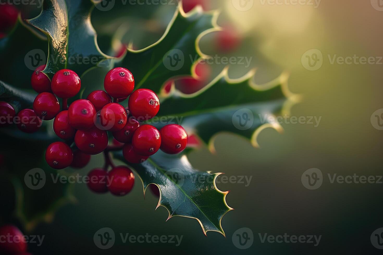 A Close-Up of Red Holly Berries on a Green Sprig photo