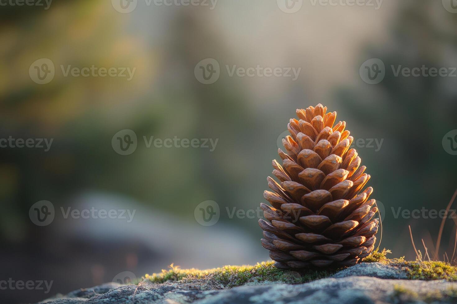 A Single Pine Cone Resting on Mossy Rock in the Sun photo