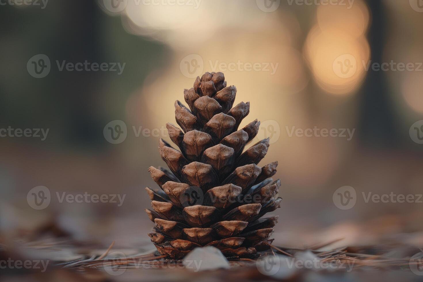 A Single Pine Cone on a Forest Floor with a Blurred Background photo