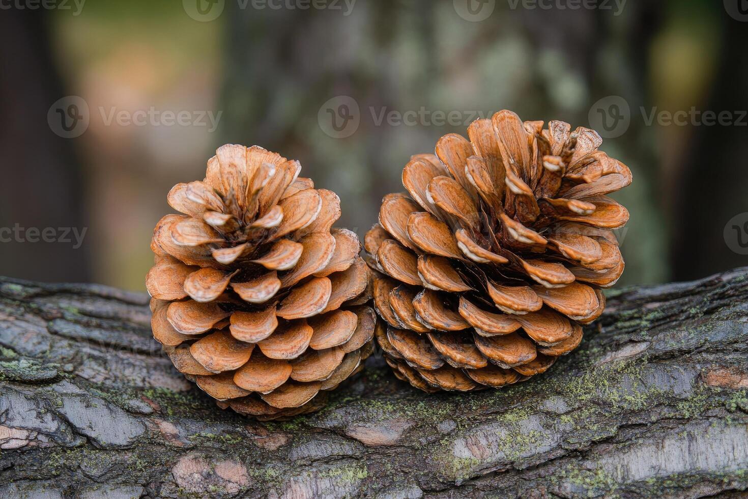 Two Brown Pine Cones Resting on a Tree Branch photo