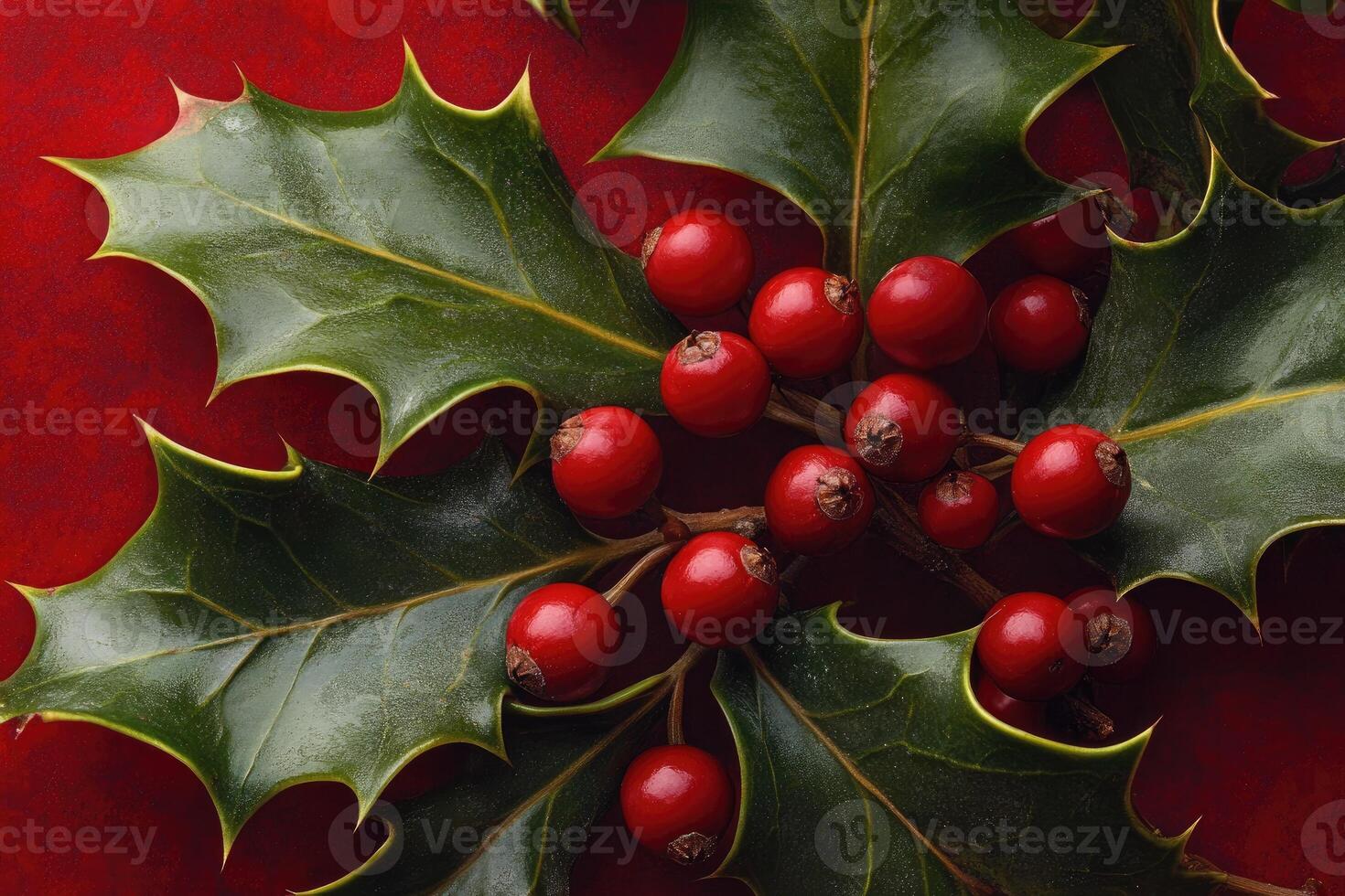 Sprig of Holly with Red Berries on a Red Background photo