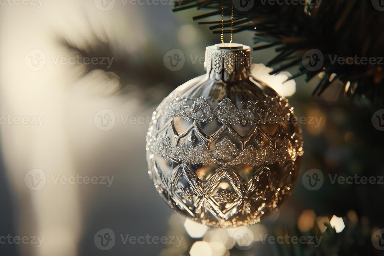 A Single Silver Christmas Ornament Hanging on a Tree photo