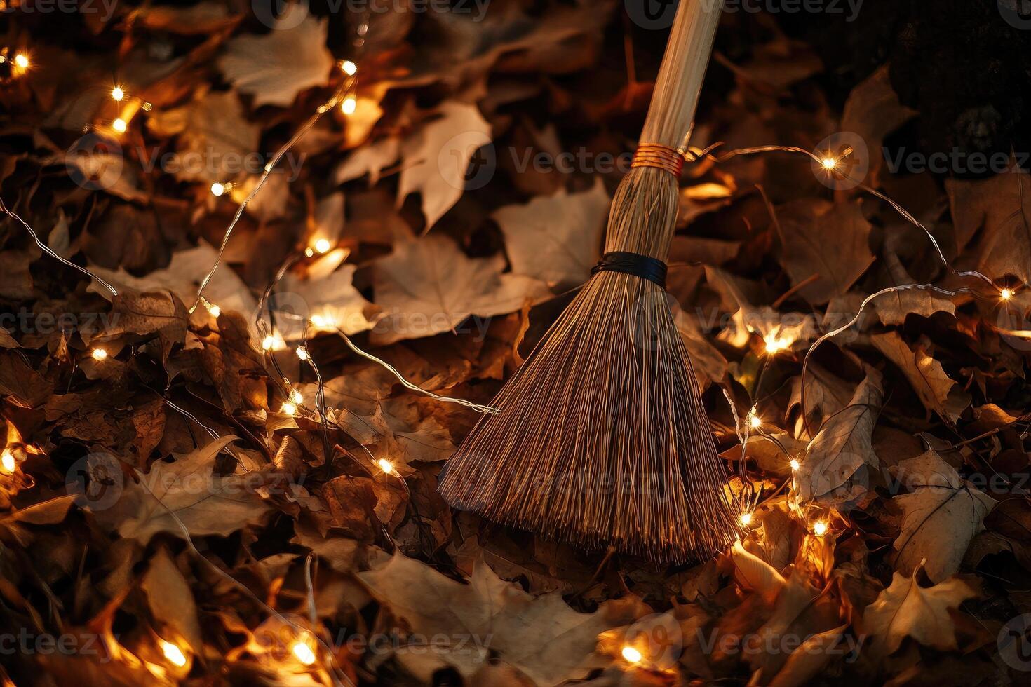 A Broom Resting Among Autumn Leaves and Fairy Lights photo