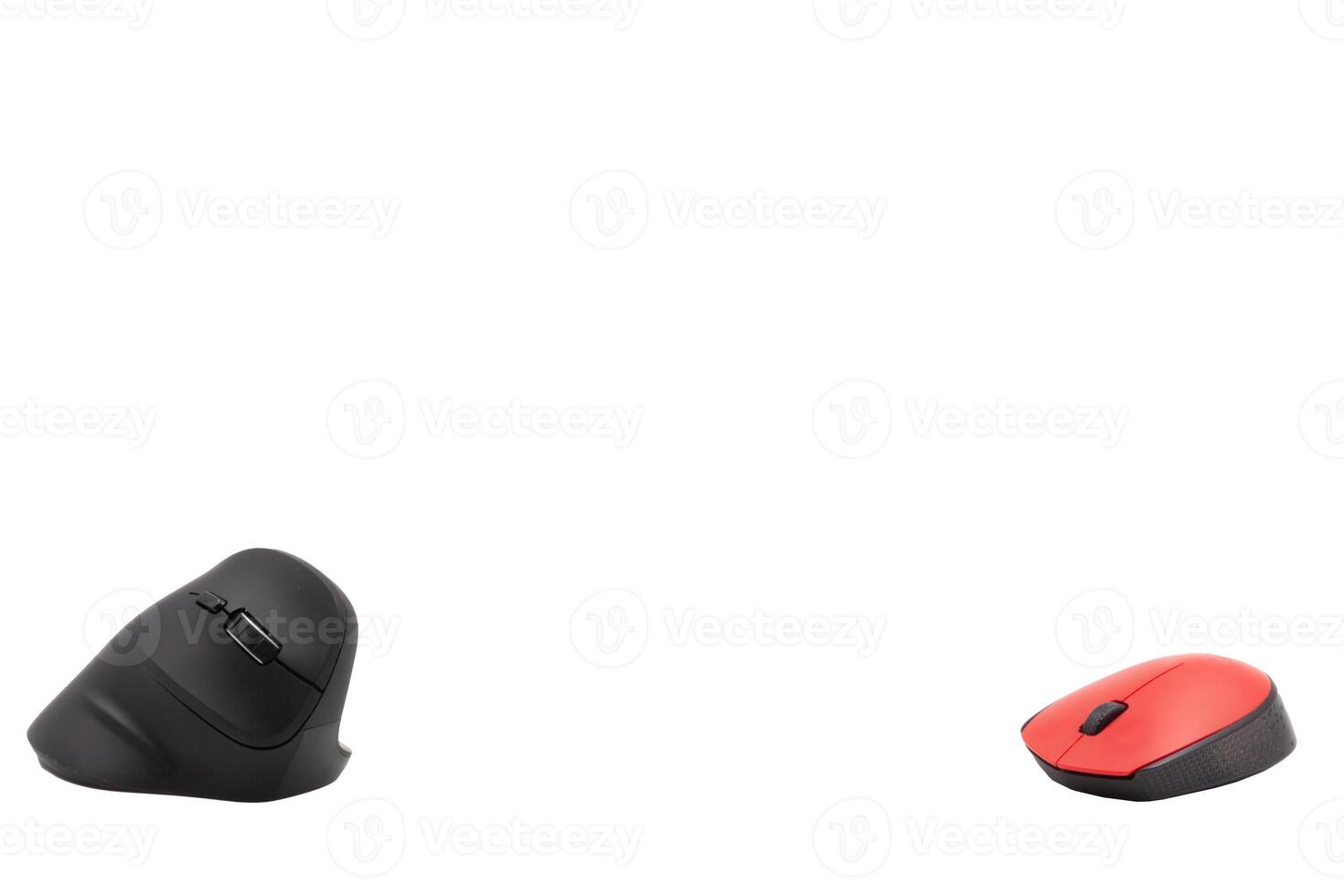 Vertical black and horizontal red computer mouse on a white background against each other. Horizontal. Background. Template. Photo in high quality