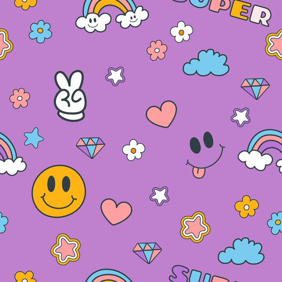 Seamless colorful pattern in y2k style, violet background with groovy elements. Illustration for textile, paper, fabric, background, print design vector