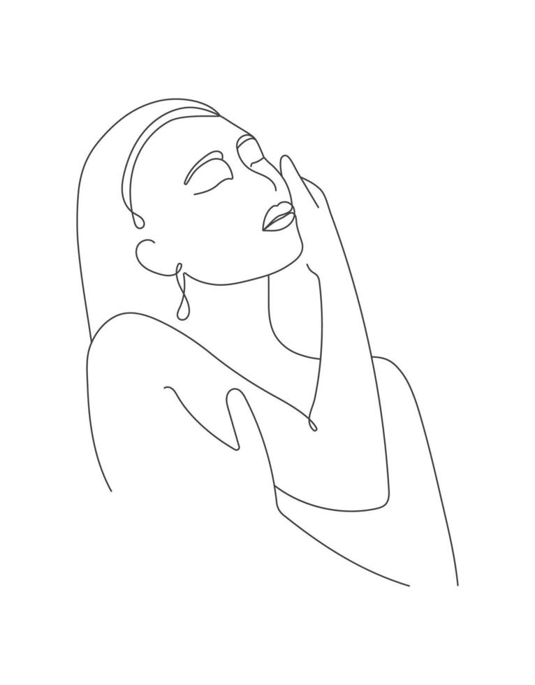 Woman hugging herself. Gentle touch of a girl to herself. Self-care, love, attention, support yourself illustration. Outline, line style vector