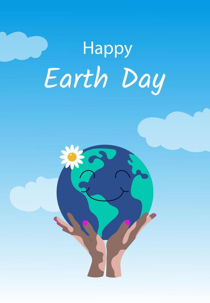 Smiling cartoon Earth in vitiligo woman hands. Happy Earth day illustration for poster, banner, print, web vector