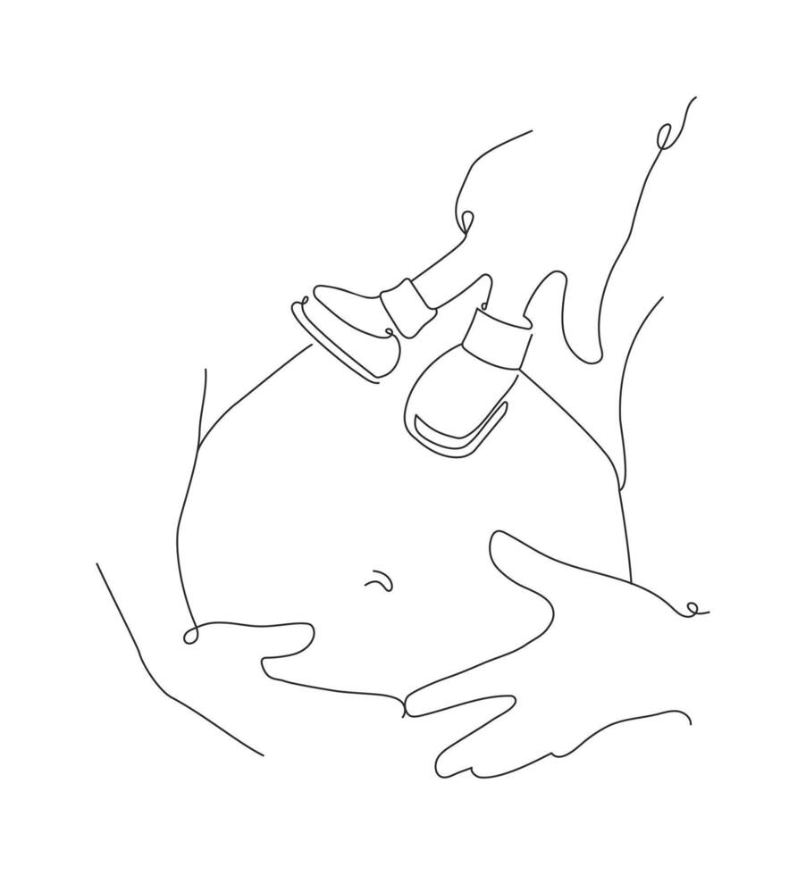 Man's hands in baby slippers playfully hugging belly of pregnant woman. One line art, outline style illustration vector