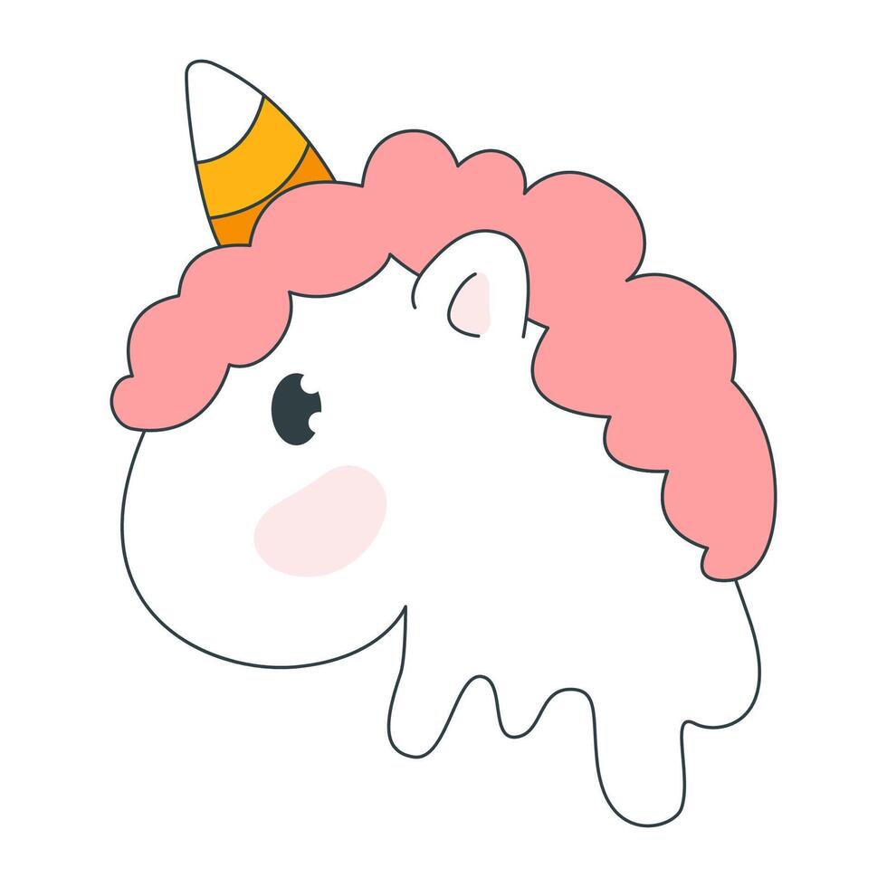 White fairy tale unicorn character with a pink mane. Unicorn head illustration in y2k style, retro, groovy for print, logo dessign. Isolated on white background vector