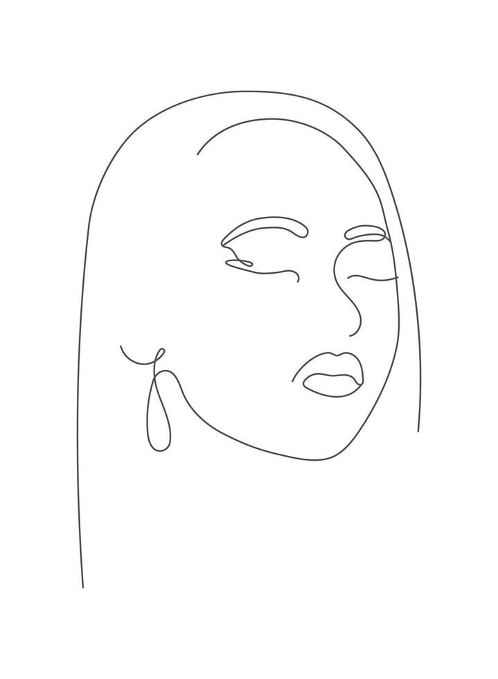 Woman portrait in line, outline style. Girl with closed eyes, pouty lips with earring. Illustration for print design vector