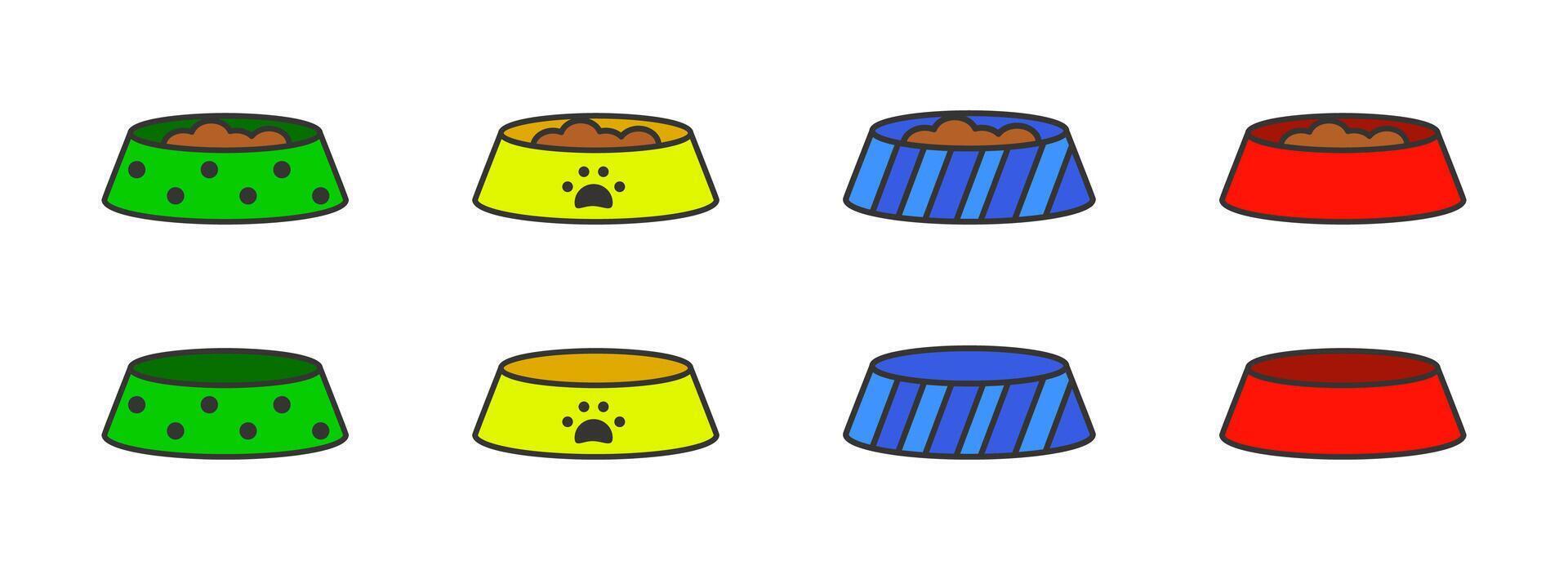 Pet feed bowl colorful icon. Pet full or empty bowls. Flat style vector