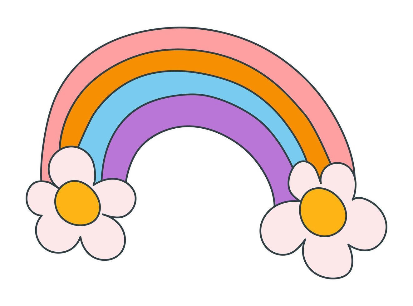 Groovy hand drawn rainbow with flowers. Floral rainbow symbol in y2k style. Illustration isolated on white background vector