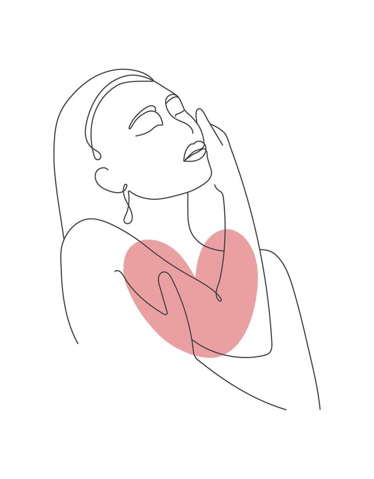 Gentle touch of a girl to herself. Woman hugging herself with heart. Self-care, love, attention, support yourself illustration. Outline, line style vector