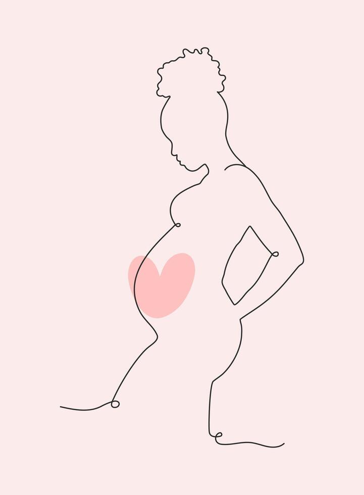 Pregnant african american woman silhouette. Belly with a heart of love. One line art, outline style illustration vector