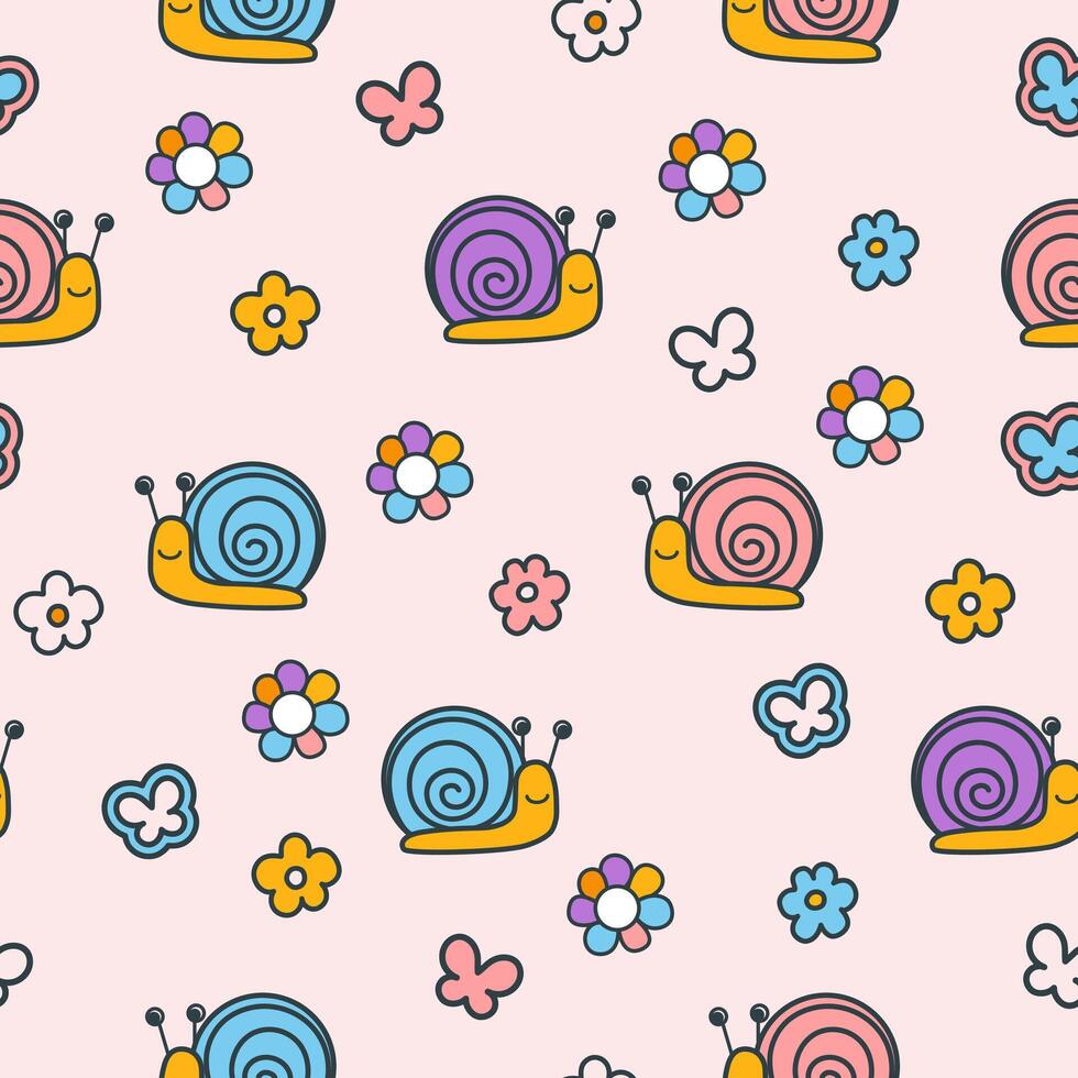 Seamless cartoon pattern in y2k style. Hand-drawn groovy smiling snail character with flowers. Illustration for textile, paper, fabric, background, print design vector