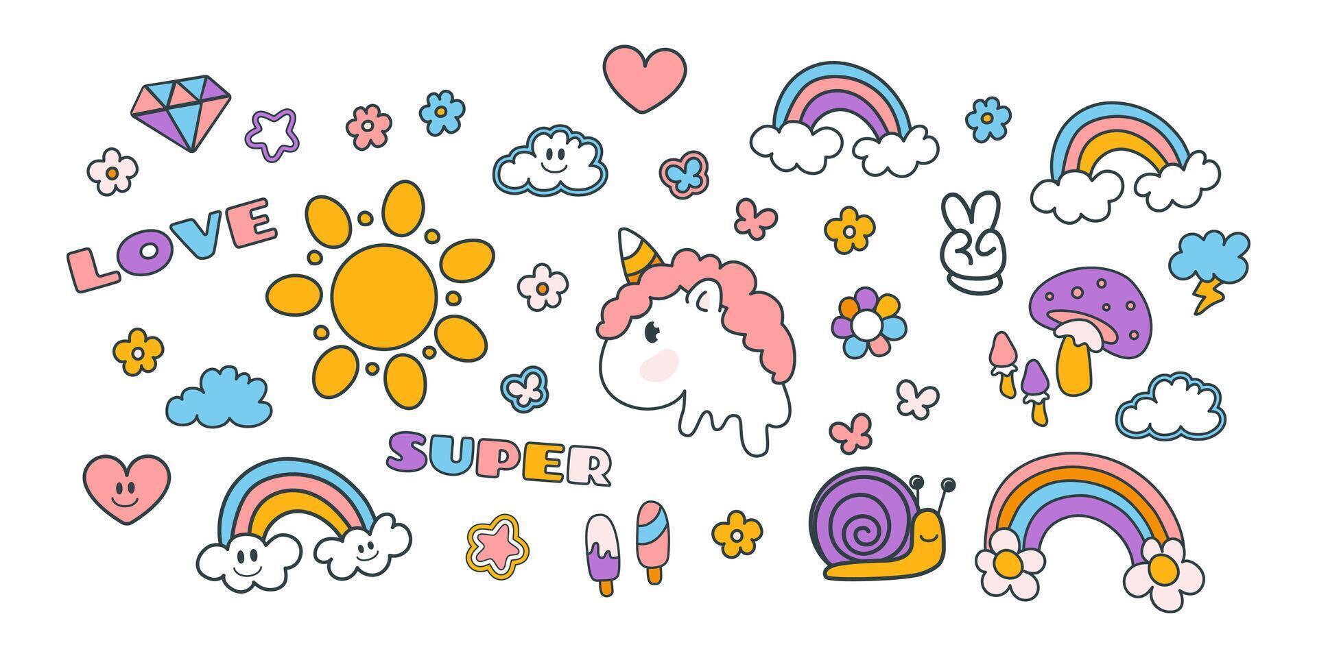 Set of funny cartoon doodle elements. Illustration in y2k style for sticker pack, poster, card design. Hand drawn collection isolated on white background vector