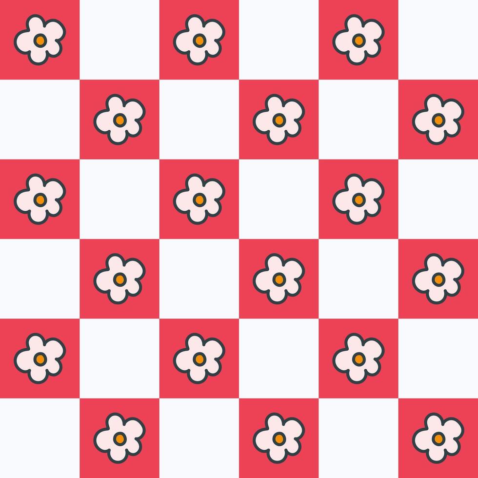 Seamless abstract pattern in y2k style. Red chessboard with groovy cartoon flowers vector