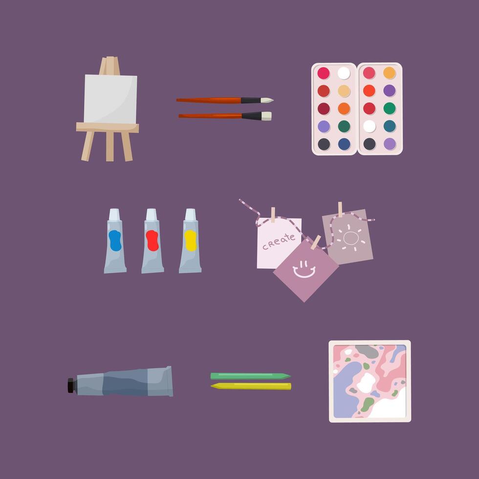 Drawing artist tools. Painting instruments set for art education, hobby or artwork. Flat style illustration vector