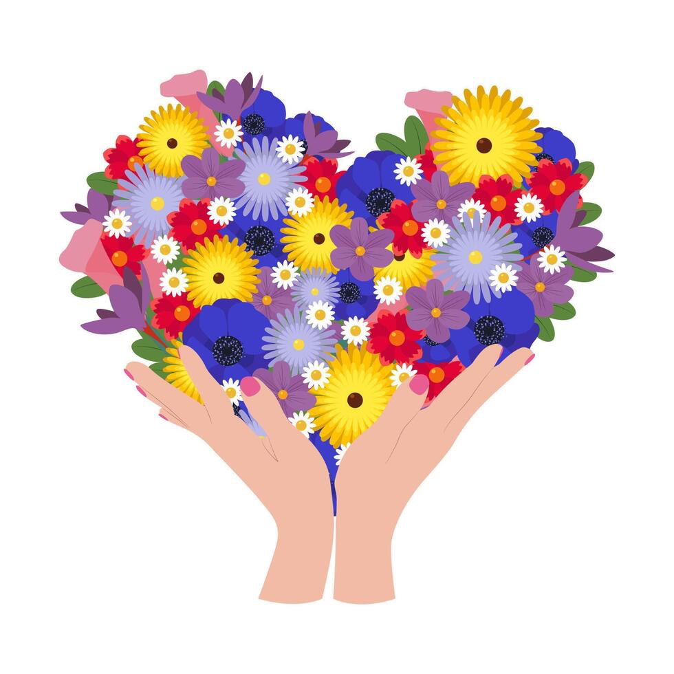 Flower bouquet in woman hands. Holding flowers in shape of heart. Floral composition vector